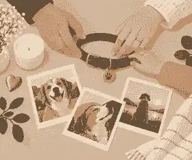 what photos should i add to a pet memorial page: Family arranging pet photos with a collar and candle