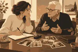 what questions should i ask grandparents for family history: Grandchild recording a grandparent's family story at a table
