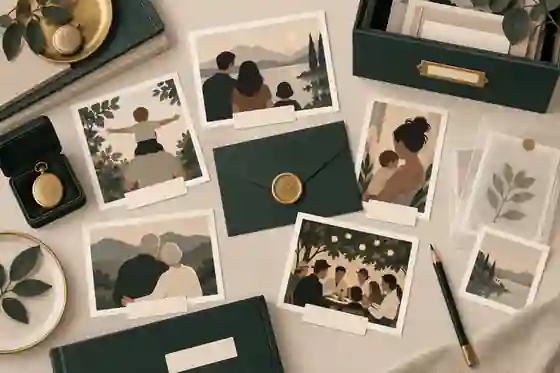 what should go in a family memory vault: Labelled family photographs arranged for a memory vault