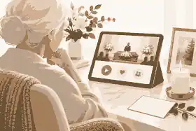 what tech support do elderly guests need for a virtual funeral: Elderly guest joining a virtual funeral on a tablet with support nearby