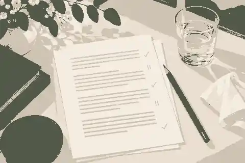 write a eulogy without crying: Printed eulogy pages with marked pauses beside a water glass