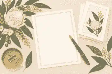 write a funeral announcement online: Funeral announcement draft beside flowers and service notes
