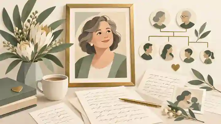 write an obituary for a mother: Mother's obituary notes beside family photographs and flowers