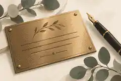 write on a memorial plaque: Memorial plaque wording proof beside a pen and leaves