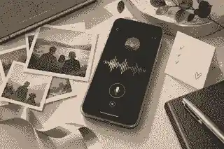 add voice to an online memorial: Voice memo beside memorial photos and consent note