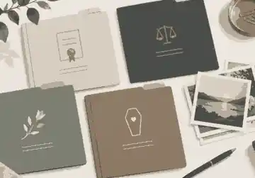 organise funeral photos and documents: Labelled funeral documents and photographs arranged on a calm table